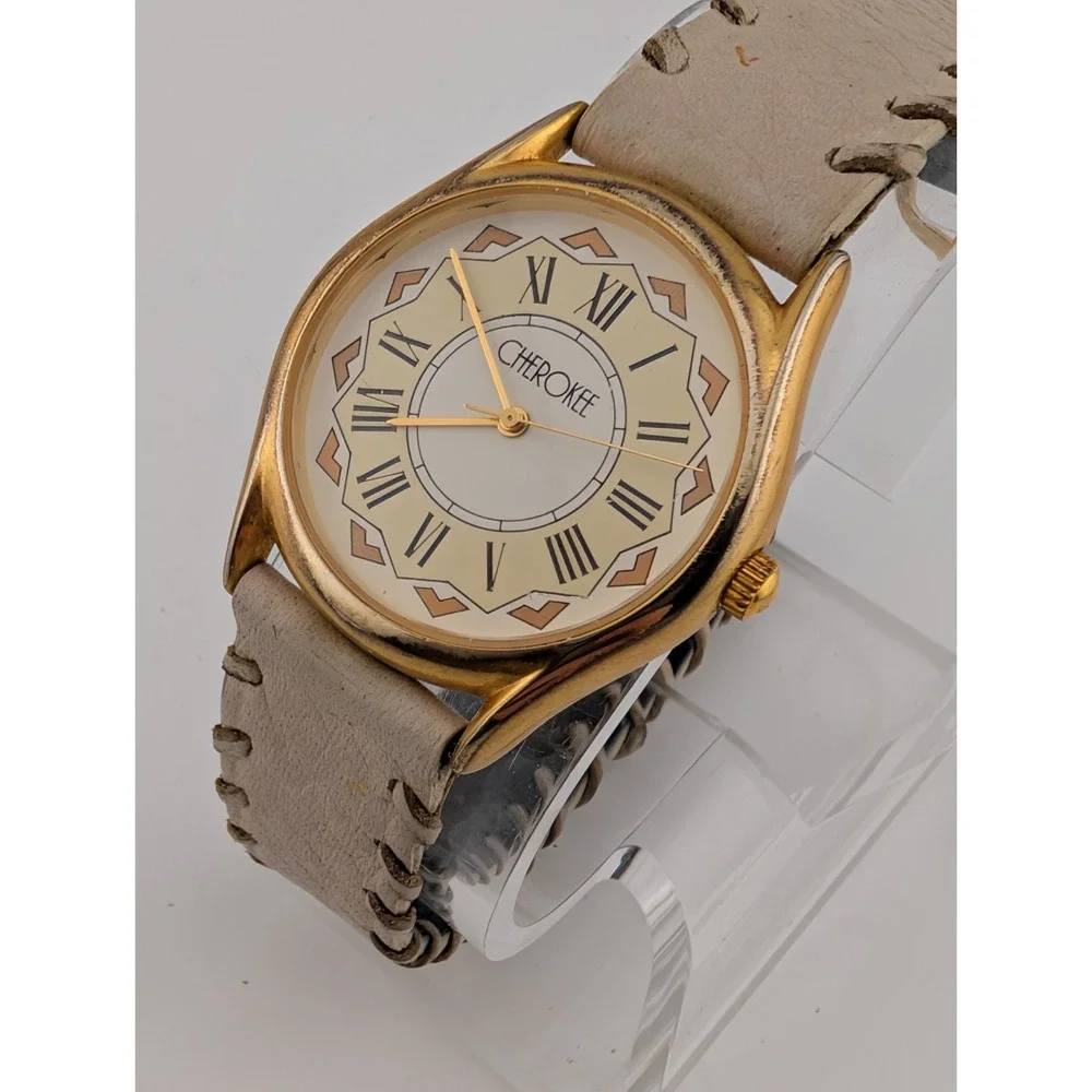 Vintage‎ Cherokee Watch Women 34mm Gold Case Leather Band- New Battery